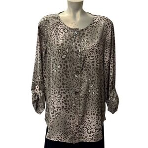 Additions by Chico's Leopard Print Button Up Shirt‎ Long Sleeve Size 2